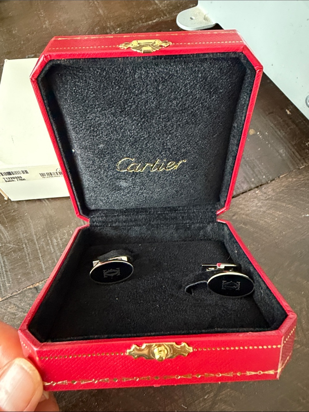 Cartier Black and Silver Men's Cufflinks with Logo in Red Box
